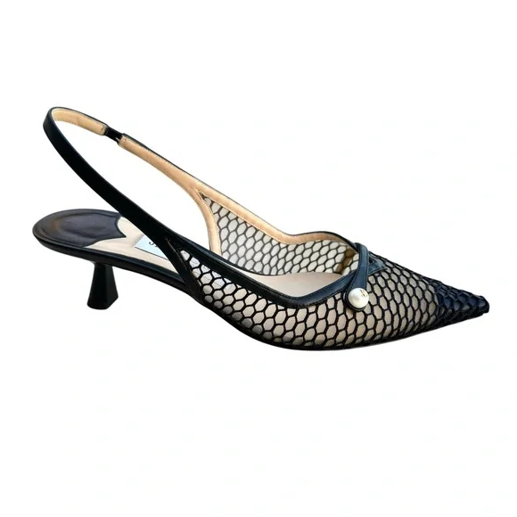 Jimmy Choo Amita 45 Black Slingback Nappa Leather Fishnet Mesh Kitten Heel Pump